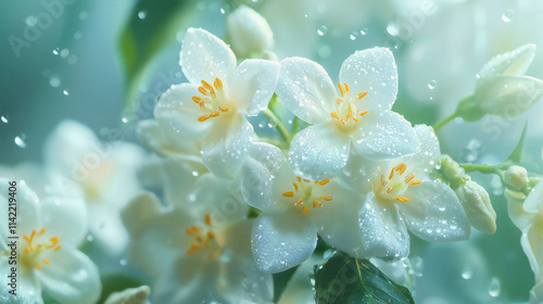A bouquet of freshly bloomed jasmine flowers, their delicate white petals glistening with morning dew, ready for distillation into a fragrant perfume.