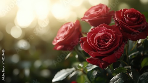 This striking image captures a cluster of red roses in full bloom, glowing radiantly under warm sunlight, symbolizing passionate love and life's vibrant energy. photo