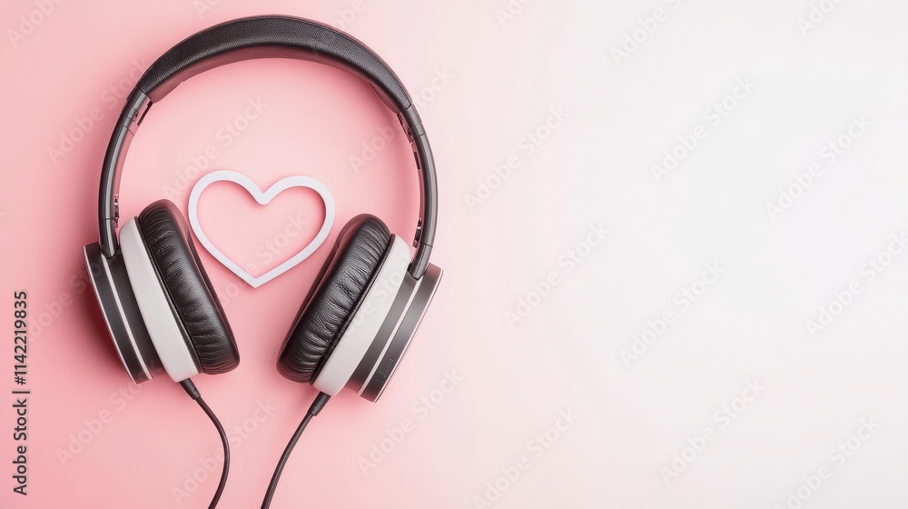 Stylish Black Headphones Placed on a Soft Pink Background with a Heart Shape, Perfect for Music Lovers, Romantic Vibes, and Creative Media Projects Stylish Black Headphones Placed on a Soft Pink Background with a Heart Shape, Perfect for Music Lovers, Romantic Vibes, and Creative Media Projects