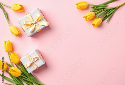 Springtime Gift Surprise: A delicate arrangement of yellow tulips and wrapped gifts on a soft pink background evokes a sense of cheerful anticipation and joy.