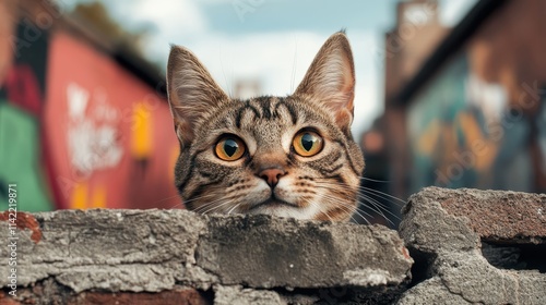 A curious tabby cat with striking yellow eyes looks out from behind a rustic brick wall set against a slightly blurred urban backdrop, creating a playful scene.