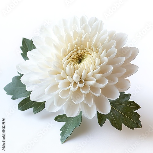 White chrysanthemum with leaves on a white background