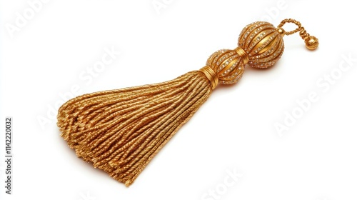 A finely detailed golden tassel ornament with glittering accents, perfect for elegant designs, isolated on a bright white background