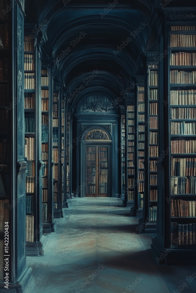 Dark hallway, tall bookshelves, aged volumes, distant doorway. Dark hallway, tall bookshelves, aged volumes, distant doorway.
