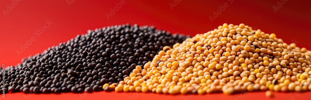 Yellow and black mustard seeds isolated on a red background. A large pile of both seed types is depicted in the foreground Yellow and black mustard seeds isolated on a red background. A large pile of both seed types is depicted in the foreground