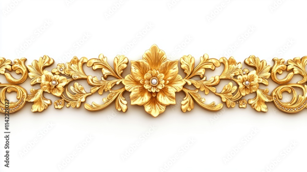 A golden decorative divider with intricate floral patterns and a glossy finish, isolated on a bright white background A golden decorative divider with intricate floral patterns and a glossy finish, isolated on a bright white background