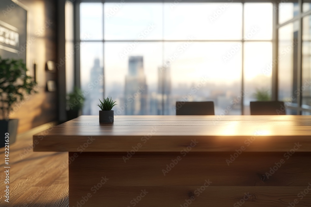 Fototapeta premium Modern office wooden desk with city view.
