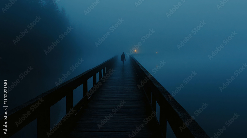 Fototapeta premium Lone Figure Walking on Foggy Bridge in Mysterious Shadowy Atmosphere