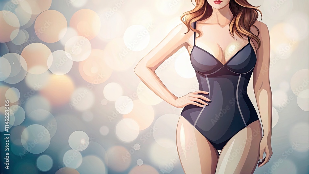 Body Positive Curvy Female Silhouette in Swimsuit with Bokeh Effect - Hand Drawn Vector Art Celebrating Female Beauty and Confidence