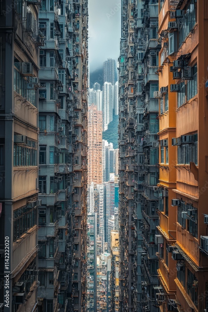 Fototapeta premium Dense urban buildings, narrow alley, many windows.