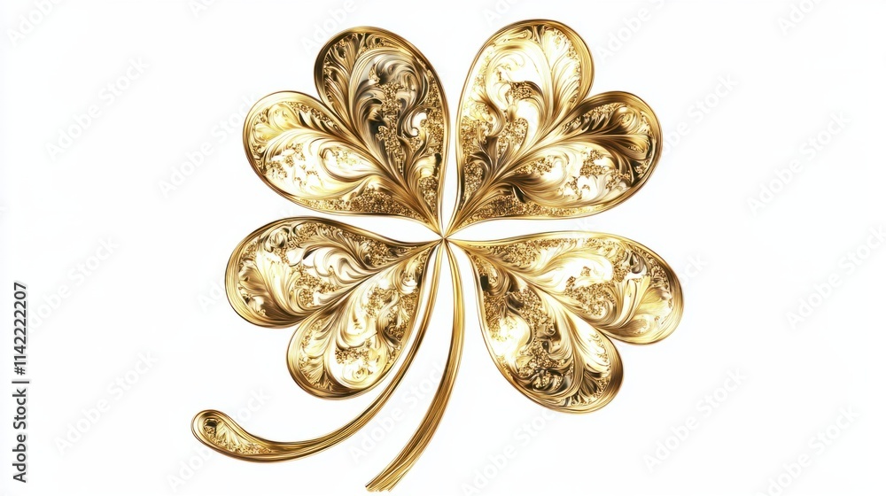 A luxurious golden clover design with intricate details, symbolizing luck, floating gracefully on a white background A luxurious golden clover design with intricate details, symbolizing luck, floating gracefully on a white background