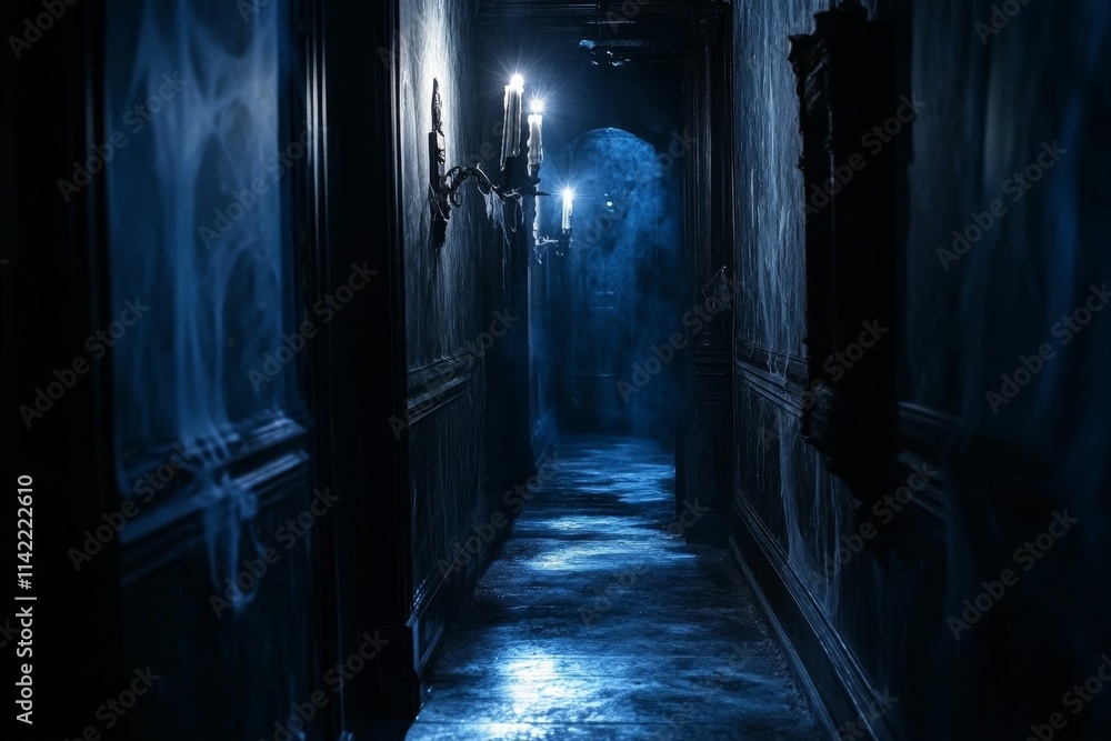 Dark hallway, candlelight, smoke, mysterious, blue tones. Dark hallway, candlelight, smoke, mysterious, blue tones.