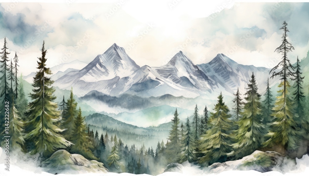 Fototapeta premium Watercolor illustration a breathtaking snowy mountain landscape, where majestic peaks, against the winter sky. The mountains, slopes, evergreen trees, picturesque blend of white and green.