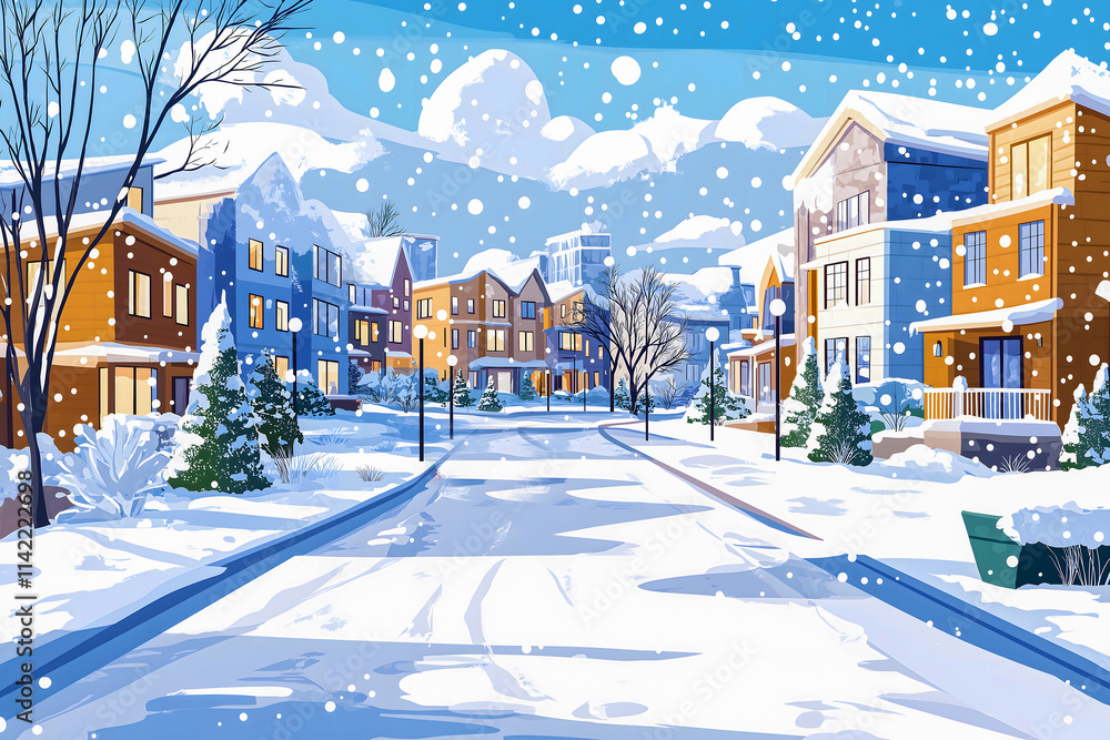 Naklejka premium Snow blankets the quiet streets of a suburban neighborhood, with colorful houses lining the road and tall trees dusted in white. Fluffy clouds add charm to the winter day