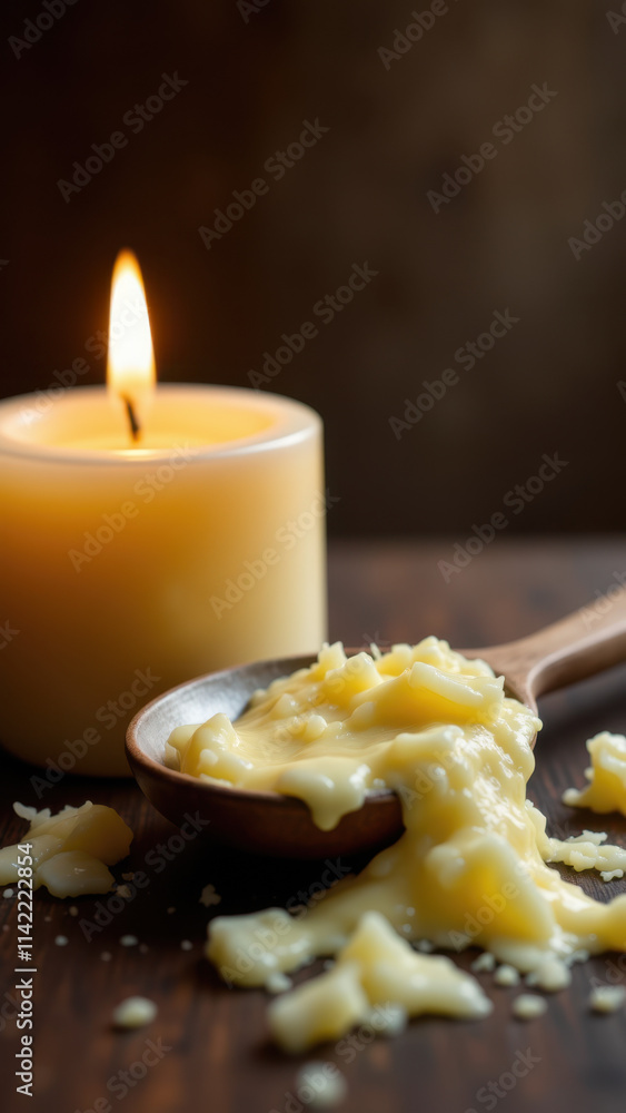 A spoonful of melting beef fat on a rustic wooden board. A spoonful of melting beef fat on a rustic wooden board.