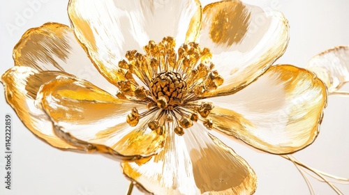 A shimmering golden flower motif with finely detailed petals, creating a luxurious vibe, floating on a white background