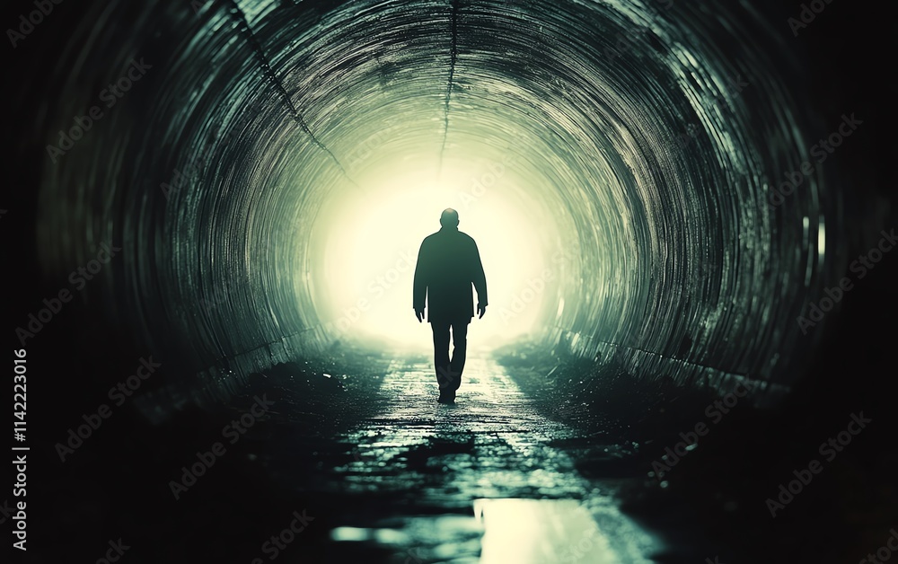 An older man walking towards the light at the end of a dark tunnel, his figure illuminated by the soft glow, representing the journey to hope after life An older man walking towards the light at the end of a dark tunnel, his figure illuminated by the soft glow, representing the journey to hope after life