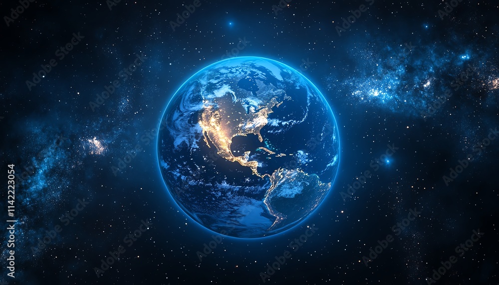 Blue Earth globe isolated in space, with the USA continent glowing in deep blue, capturing the world s focus on the United States Blue Earth globe isolated in space, with the USA continent glowing in deep blue, capturing the world s focus on the United States