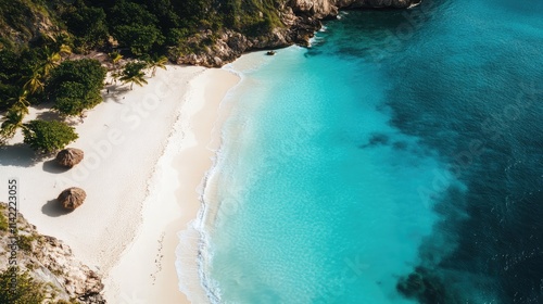 Fototapeta Naklejka Na Ścianę i Meble -  Serene aerial view of a pristine white sand beach surrounded by turquoise waters and lush greenery in the Caribbean Islands