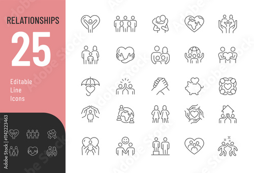 Relationships line Editable Icons set. Vector illustration in modern thin line style of people human care related icons: customer, selling, product delivery, and more. Pictograms and infographics.