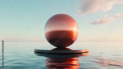 A luminous metallic sphere on a circular platform reflects the vibrant hues of a setting sun against an endless, calm watery expanse, creating a surreal ambiance. photo