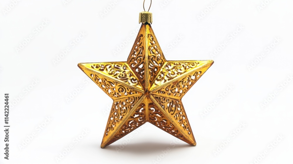 A shimmering golden star ornament with intricate engravings, creating a festive vibe, floating on a white background A shimmering golden star ornament with intricate engravings, creating a festive vibe, floating on a white background