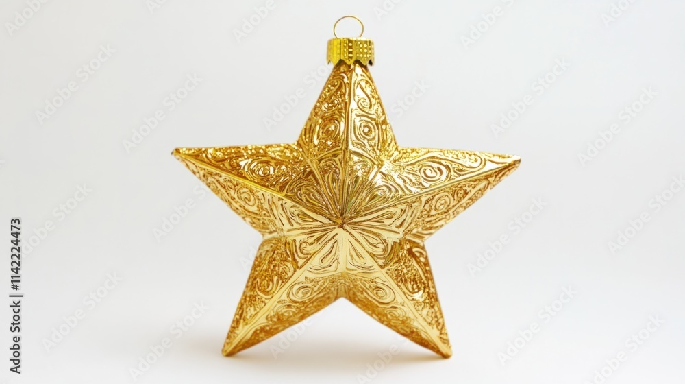A shimmering golden star ornament with intricate engravings, creating a festive vibe, floating on a white background A shimmering golden star ornament with intricate engravings, creating a festive vibe, floating on a white background