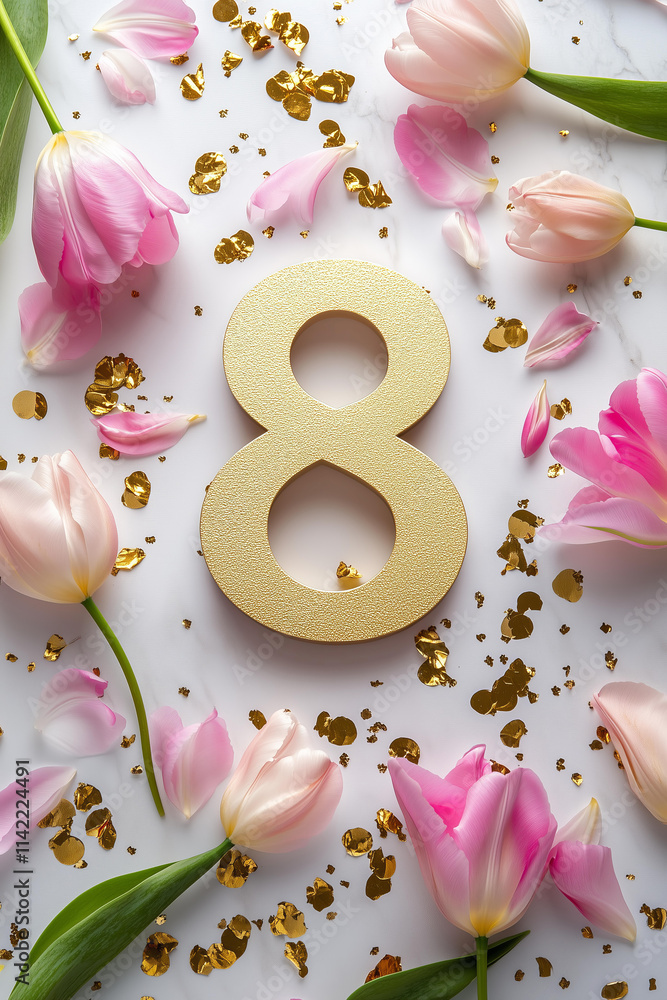 Photo of International Women's Day celebrated on March 8, symbolic conceptual still life of a large golden number Photo of International Women's Day celebrated on March 8, symbolic conceptual still life of a large golden number