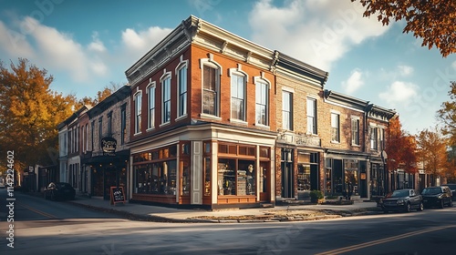 Autumn Sunlight Illuminates Brick Storefronts on a Charming Street
