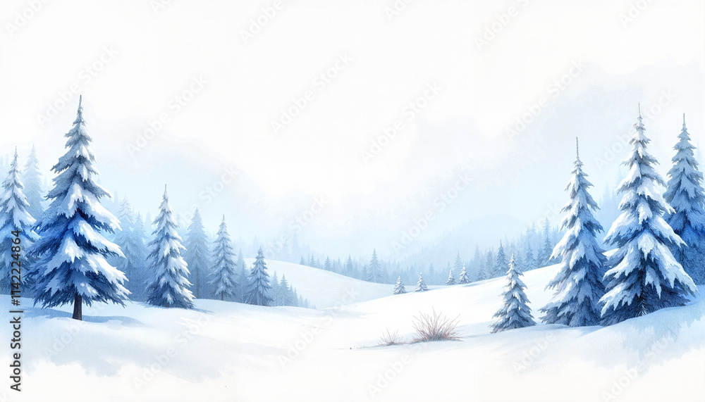 Fototapeta premium Watercolor winter landscape with snow-covered trees and blue sky.