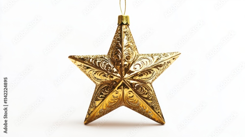 A shimmering golden star ornament with intricate engravings, creating a festive vibe, floating on a white background A shimmering golden star ornament with intricate engravings, creating a festive vibe, floating on a white background