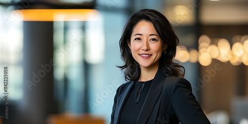Portrait of a female financial planner standing in a business environment, smiling, portrait shot, looking at the camera