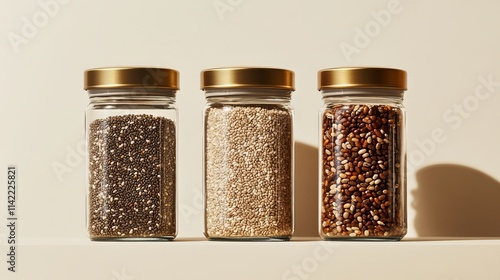 Chia seeds, a nutritional powerhouse, are conveniently stored in a container for easy access and preservation. These tiny seeds pack a punch with essential nutrients like fiber, protein, photo