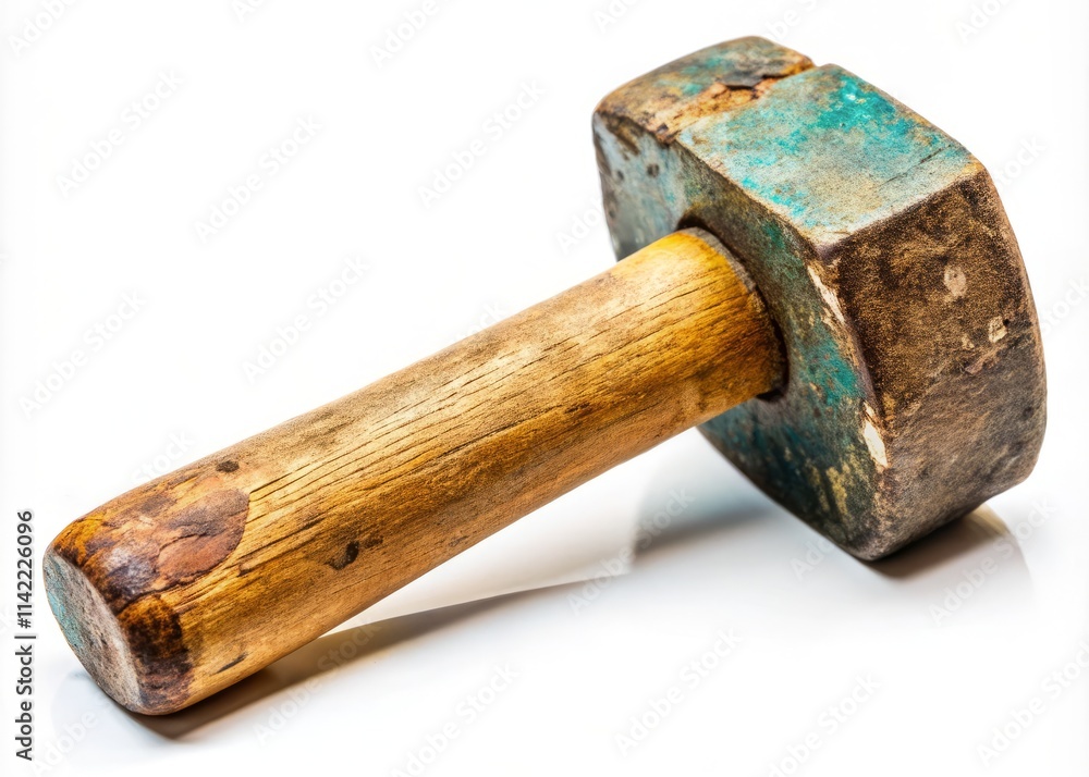 Old Sledgehammer, Wooden Handle, Worm's Eye View, White Background - Vintage Tool Photography Old Sledgehammer, Wooden Handle, Worm's Eye View, White Background - Vintage Tool Photography