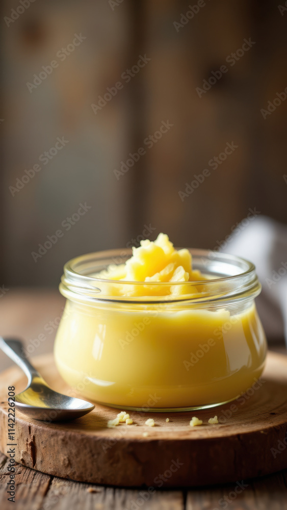 A jar filled with creamy substance on a wooden table.
