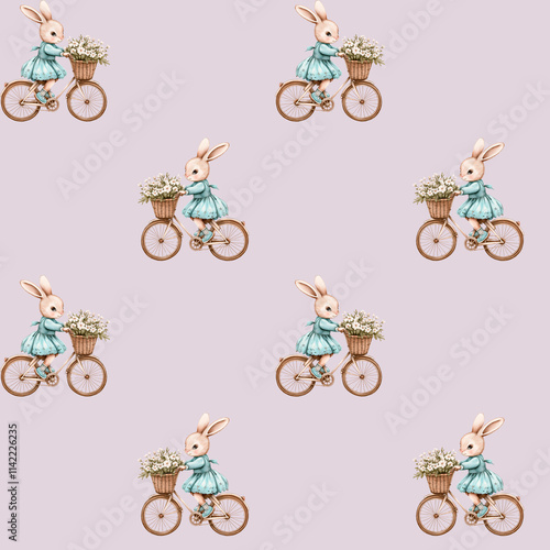 A seamless pattern featuring an adorable bunny girl riding a bicycle with a basket of white flowers, set against a soft pink background. Ideal for spring and Easter designs.