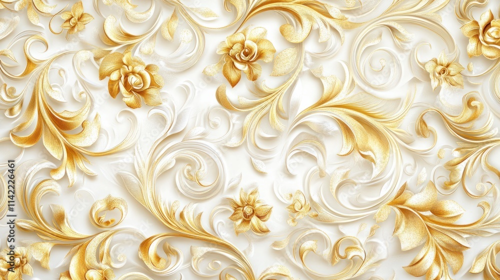 An elegant golden filigree pattern with swirling floral motifs, floating gracefully on a bright white background An elegant golden filigree pattern with swirling floral motifs, floating gracefully on a bright white background