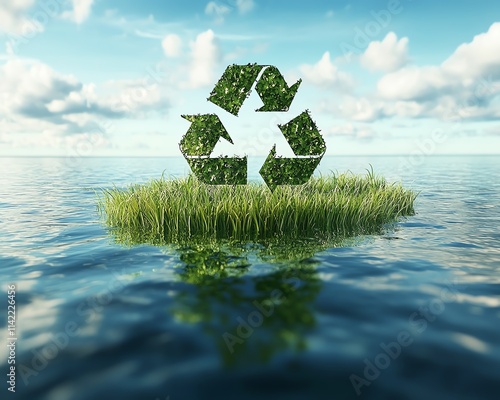 Recycling logo hovering above a calm body of water, with soft clouds above and green grass at the foreground, symbolizing ecoconsciousness photo