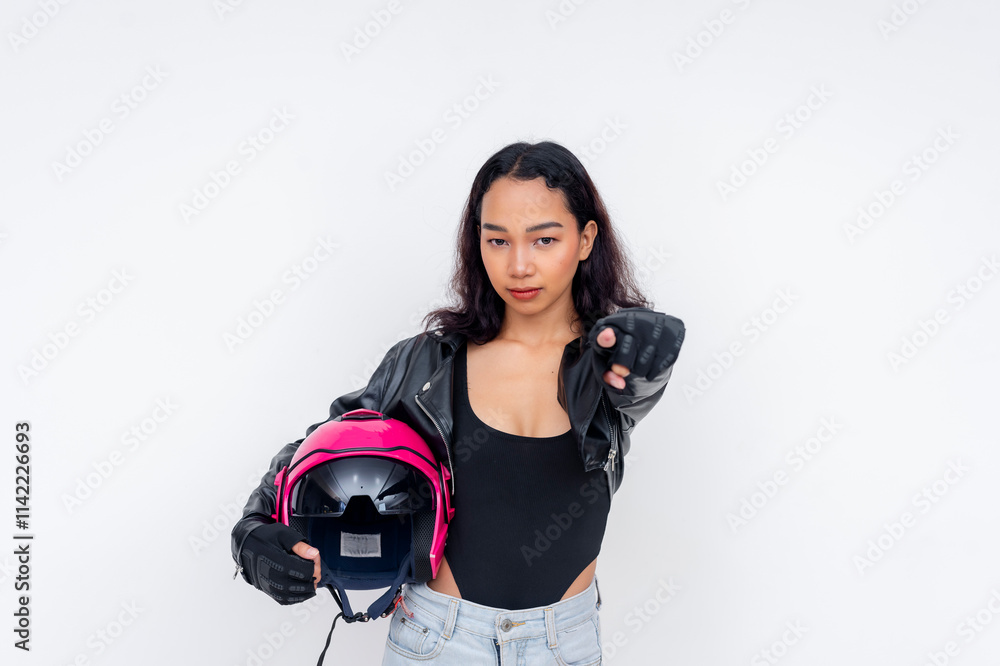 Motorcycle Rider Pointing Camera Wearing Helmet and Leather Jacket Motorcycle Rider Pointing Camera Wearing Helmet and Leather Jacket