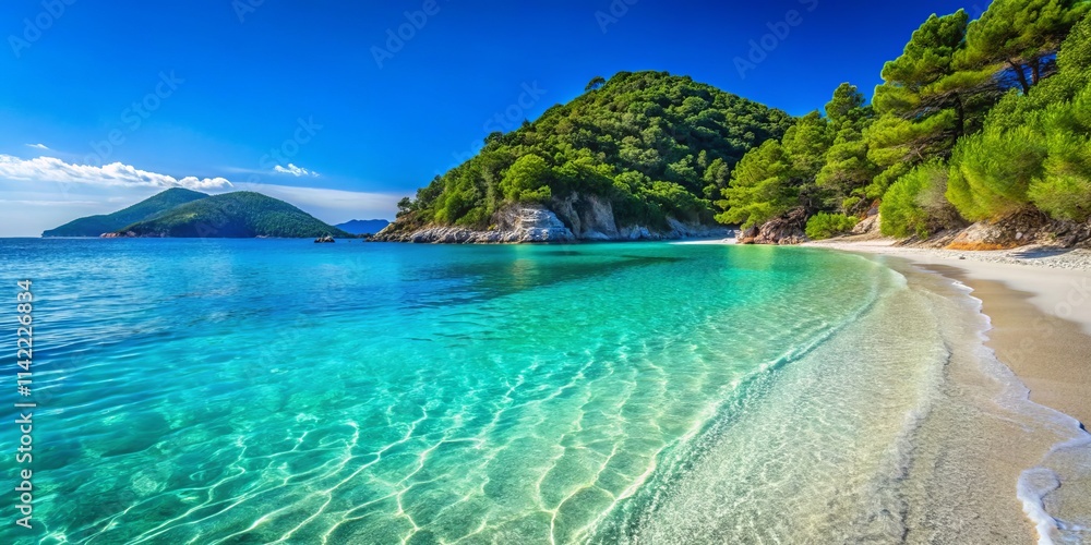 Fototapeta premium Skopelos Kastani Beach: Close-Up Crystal Turquoise Waters, Northern Sporades, Greece