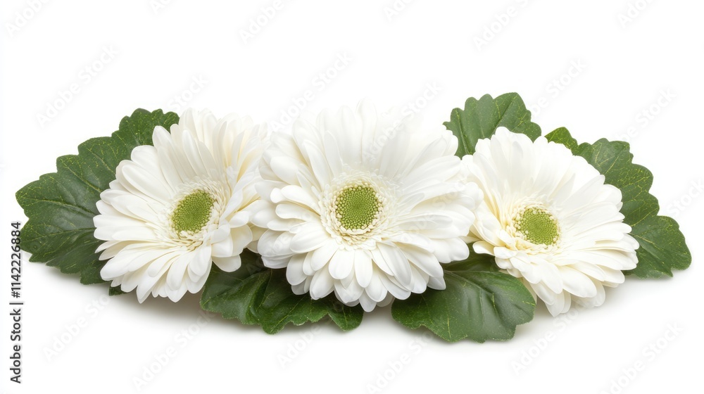 Obraz premium Elegant trio of white gerbera daisies arrangement with lush green leaves on a pristine white background for floral design concepts.