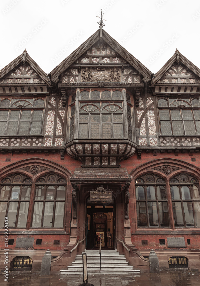 The facade of Royal Museum and Free Library (founded 1858) in Canterbury. Kent, UK. Space for text, Selective focus.