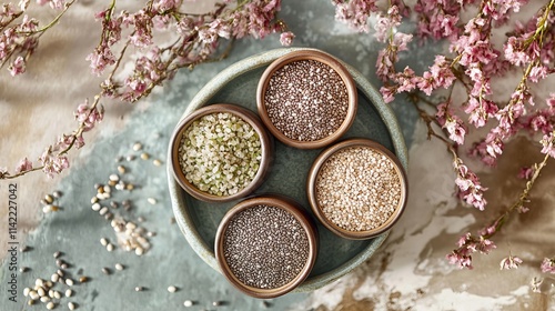 Chia seeds, a nutritional powerhouse, are conveniently stored in a container for easy access and preservation. These tiny seeds pack a punch with essential nutrients like fiber, protein, photo