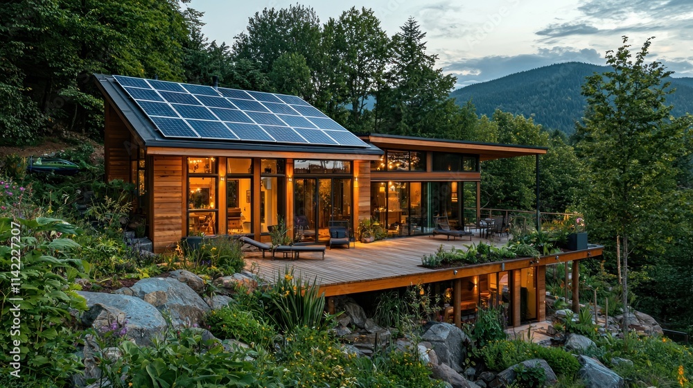 A solar-powered eco-home surrounded by natural landscape, emphasizing sustainability within an ecosphere A solar-powered eco-home surrounded by natural landscape, emphasizing sustainability within an ecosphere