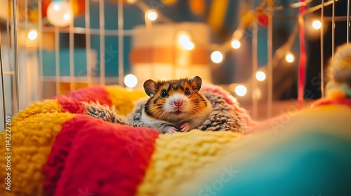 A happy hamster peeking out of its cozy bedding inside a cage with vibrant decorations  photo