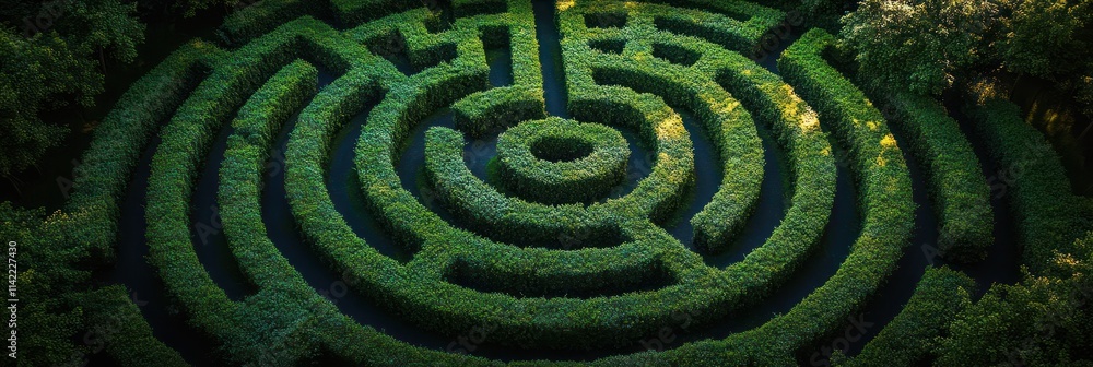 Aerial View of a Circular Green Maze: A Labyrinth of Nature Aerial View of a Circular Green Maze: A Labyrinth of Nature