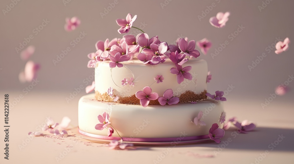 Elegant Two-Tier Wedding Cake Adorned with Delicate Purple Flowers and Petals for Celebratory Occasions Elegant Two-Tier Wedding Cake Adorned with Delicate Purple Flowers and Petals for Celebratory Occasions