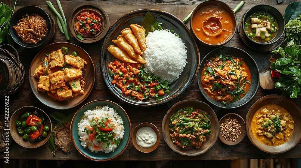 An array of delicious Asian dishes served with rice An array of delicious Asian dishes served with rice