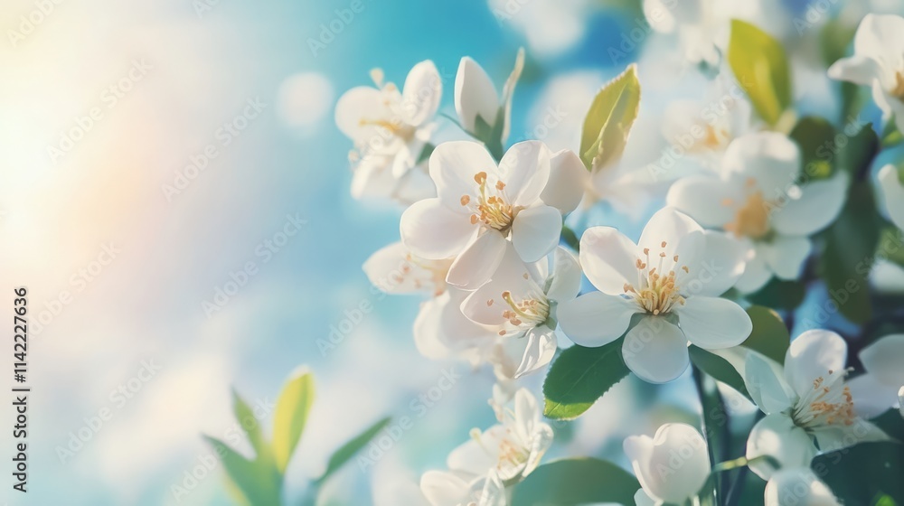 Obraz premium Close up of vibrant hawthorn flowers under sunlight showcasing delicate white petals and lush green leaves against a serene background