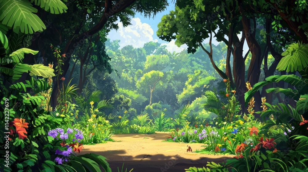 Obraz premium A vibrant ecosystem with diverse plant life, trees, and wildlife thriving in a lush forest.